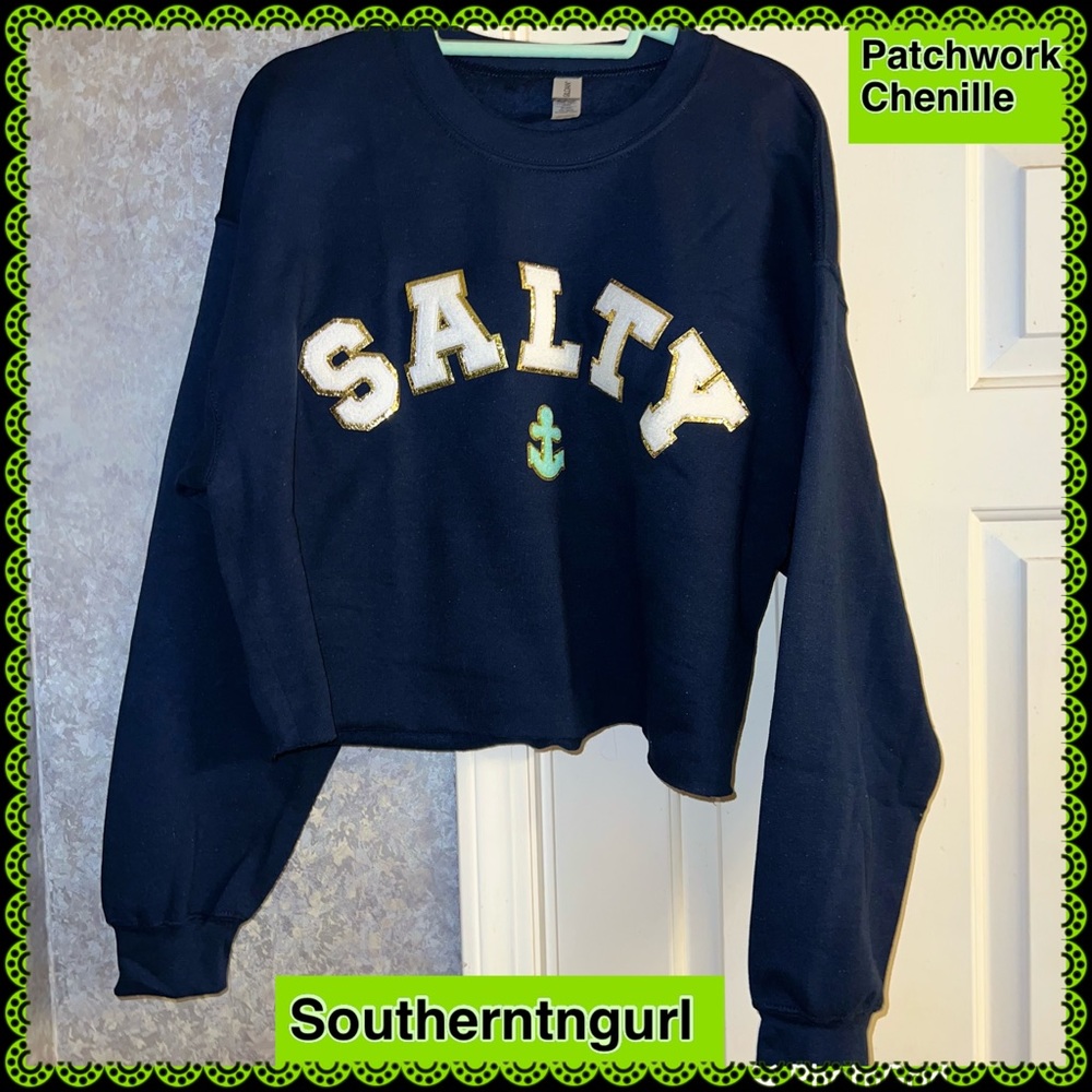NWT SALTY Patchwork Chenille Crew Neck long Sleeve Cropped Sweatshirt / Top